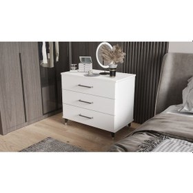 Resim Şifonyer Üç Çekmeceli Aynalı Parlak Beyaz Beyaz 