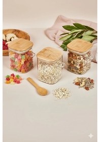 Resim 3 Lü Kaşıklı Cam Kavanoz Seti Baharatlık Saklama Kavanozu 450 Ml Çok Renkli 