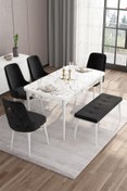 Resim Canisa Are Serisi Mdf 80x132 Açılabilir Beyaz Mermer Desen Masa Takımı 4 Siyah Sandalye Ve 1 Bench 