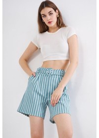 Resim Pasaklı Giyim Kadın Gabardin Kumaş Cepli Kemerli Tokalı Çizgili Kısa Şort 3562210 Mint 
