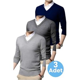Resim Tezzgelsin 3'lü Erkek V Yaka Uzun Kol Triko Tüylenmez Süveter Erkek Slim Fit Süveter Gri Füme - Lacivert 