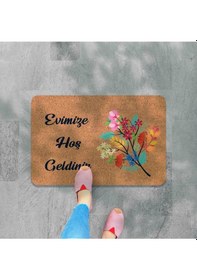 Resim Modern Dijital Baskı - Hoş Geldiniz Yazalı Paspas - Kaymaz Taban Kapı Önü Paspası Açık Bej 