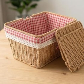 Resim Digithome Kapaklı Rattan Vintage Dantelli Dikdörtgen Piknik Sepeti -9T14 U/6 