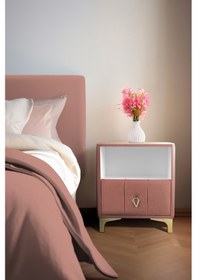 Resim Singular Gold Iki Çekmeceli Pembe Pudra Komodin- Raflı Kumaş Döşemeli Yatak Odası Komodin Modeli 