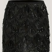 Resim Kadınlar için Şık Payetli Katlı Etek - Yüksek Bel, Püskül Detay, Esnek Polyester, Makinede Yıkanabilir, Siyah, Tüm Mevsimler İçin Mükemmel, Rahat Şık Kıyafet | Püskül Detaylı Etek | Parıltılı Payet 