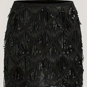 Resim Kadınlar için Şık Payetli Katlı Etek - Yüksek Bel, Püskül Detay, Esnek Polyester, Makinede Yıkanabilir, Siyah, Tüm Mevsimler İçin Mükemmel, Rahat Şık Kıyafet | Püskül Detaylı Etek | Parıltılı Payet 