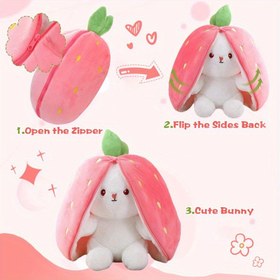 Resim 1 Adet Yaratıcı Dolgulu Tavşan Oyuncak - Çilek/Havuç Tasarımı, Pembe ve Yeşil Detaylar, Fermuarlı Kapanış & Açılır Kulaklı, Yüksek Kaliteli Peluş Oyun ve Koleksiyon için Sevimli Tavşan Bebek 