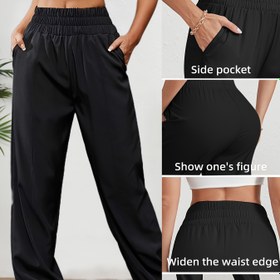Resim Yüksek Esnek Bel Jogger Pantolonlar, Bol Kesim Hızlı Kuruyan Yan Cepli Egzersiz Pantolonu, Kadın Aktif Giyim 