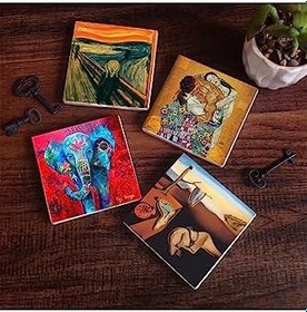 Resim Salvador Dalí Belleğin Azmi, Fil, Çığlık, Gustav Klimt Aile Kucaklama Taş Bardak Altlığı Seti - 4 Parça - Dekoratif, Rustik Mutfak Aksesuarı, 10x10 cm, Kaydırmaz Tabanlı SC580 