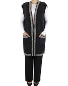 Resim Kadın Önü Üç Düğmeli Desenli Cepli Kalın Büyük Beden Yelek Siyah 