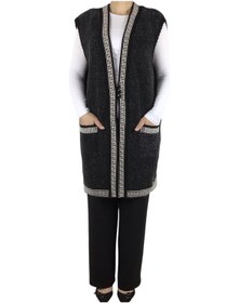 Resim Kadın Önü Üç Düğmeli Desenli Cepli Kalın Büyük Beden Yelek Siyah 