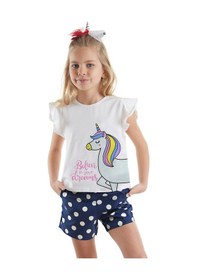 Resim Denokids Sim Unicorn Kız Çocuk T-shirt Poplin Şort Takım Çok Renkli 