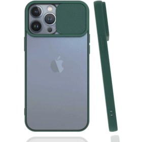 Resim Apple iPhone 13 Pro Max Kılıf Lens Sürgülü Kamera Korumalı Silikon - Koyu Yeşil 