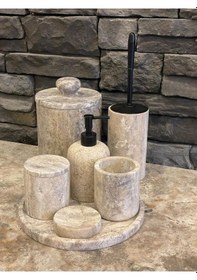 Resim Yeni Silver Gümüş Traverten 7'li Banyo Seti Çöp Kovası Kendinden Tutmalı Kulp Beyaz 