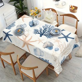 Resim 1 Adet Okyanus Temalı Kabuk & Denizyıldızı Desenli Polyester Masa Örtüsü - Büyük Kare, Yemek Masaları, Piknikler, Tatil Toplantıları ve Bahar Ev Dekoru için Dayanıklı Makine - Tropikal Stili, Pürüzsüz Dokulu Kıyı Tarzı Masa Örtüsü 