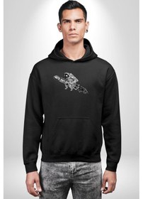 Resim Roket Astronot Kadın Erkek Siyah Kapüşonlu Sweatshirt Hoodie Siyah 