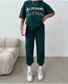 Resim California Desing T-shirt Eşofman Altı Jogger - Yeşil Baskılı Alt Üst Eşofman Takımı Bisiklet Yaka Yeşil 