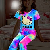 Resim Kedi İçin (Fluoresan Etki) Alev Giderici Kadın Kısa Kollu Pijama + Kurdele Baskılı Uzun Pantolon Ev Giysileri İki Parça Takım 