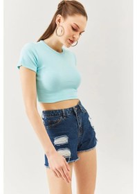 Resim Butikgiz Kadın Kısa Kol Bisiklet Yaka Vücuda Oturan %100 Pamuklu Kaşkorse Esnek Crop Bluz Aqua 