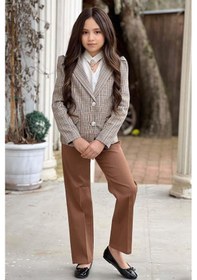 Resim Riccotarz Kız Çocuk Yakası Açık Ve Taş Detaylı Bluz Ekose Çizgi Blazer Ceket Kemerli Taba Alt Üst Takım Taba 