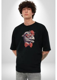 Resim Kırmızı Gözlük Papyon Dinazor Pamuklu Bisiklet Yaka Unisex Oversize Boyfriend Dijital Baskılı Siyah T-shirt Siyah 