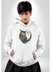 Resim Ay Yıldız Bakır Renk Baykuş Kadın Erkek Beyaz Kapüşonlu Sweatshirt Hoodie Beyaz 