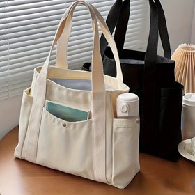 Resim İş, Günlük Kullanım ve İşe Gidiş-Geliş İçin Kadınlar için Büyük Kapasiteli Tote Çanta - Dayanıklı Fermuar Kapatma, Ön Cebi ile Geniş İçi, Minimalist Tasarım (Beyaz), Fonksiyonel Moda, Sağlam Sapları 