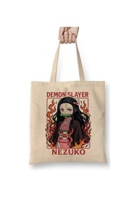 Resim Toyaso Demon Slayer İblis Keser Nezuko Bez Çanta Uzun Saplı Alışveriş Çantası Plaj Çantası Beyaz 