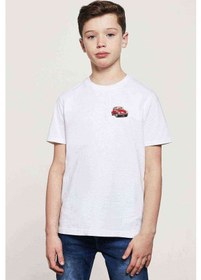 Resim Kırmızı Araba Tosbağa Baskılı Unisex Çocuk Beyaz T-Shirt 