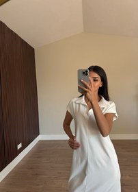 Resim Polo Yaka Modal Beyaz Elbise - L 