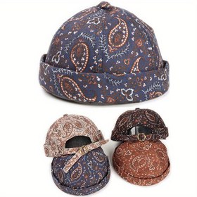 Resim Unisex Retro Yuppi Landlord Şapka - Paisley Desenli Sızdırmaz Melon Açık Bej Kapak, Nefes Alabilir Her Mevsim Şehir Modası Erkek ve Kadınlar için Snap Kapatmalı, Rahat Başlık, Brimsiz Tasarım, Melonskin Dokusu 