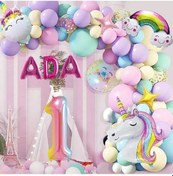 Resim 3 Harfli Yaş Seçenekli Gökkuşağı Konseptli Unicorn Temalı Makaron Balon Doğum Günü Parti Kutlama Seti 9+ 