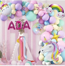 Resim 3 Harfli Yaş Seçenekli Gökkuşağı Konseptli Unicorn Temalı Makaron Balon Doğum Günü Parti Kutlama Seti 9+ 