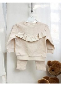 Resim Zekids Kız Çocuk Pamuklu Fırfır Detaylı Taytlı Takım-14295 Krem 