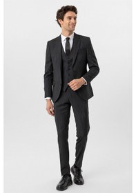 Resim Süvari Siyah Slim Fit Desenli Mono Yaka 6 Drop Yelekli Klasik Takım Elbise-35634 Siyah 