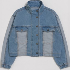 Resim Kadın Renk Bloklu Oversize Jean Ceket mavi 