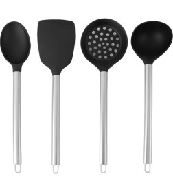 Resim Delixa "4’lü Silikon ve Paslanmaz Çelik Mutfak Seti – Isıya Dayanıklı Kepçe, Spatula, Kevgir ve Büyük Servi 