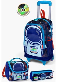 Resim Coral High Kids Saks Mavi Astronot Desenli Çekçekli 3'lü Çanta Seti Set0123924 