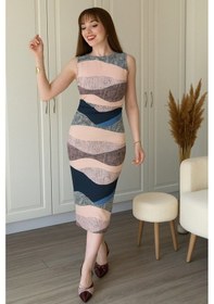 Resim Etiler Collection Kadın Sıfır Kol Sıfır Yaka Drape Detaylı Midi Janjan Dalgıç Elbise Desenli 