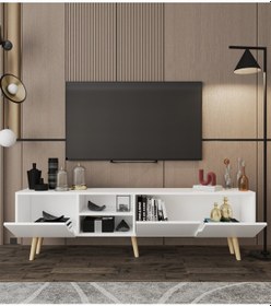 Resim Latina Ahşap Ayaklı Tv Ünitesi Tv Sehpası 180 Cm Beyaz Beyaz 