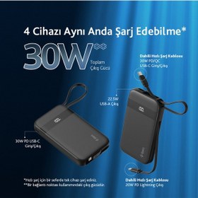 Resim Ttec 2BB225S Recharger Pro LCD 10.000 mAh PD 30W Lightning Ve USB-C Dahili Kablolu Taşınabilir Powerbank 
