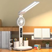 Resim 1 Adet Kalem Tutuculu ve Fanlı LED Masa Lambası | USB Işıklı | Göz Koruyucu Çalışma Lambası | Masaüstü Okuma Lambası | USB Takmalı | Dokunmatik Üç Seviyeli Ayarlanabilir Parlaklık | Düğme Kontrollü Dijital Saat, Takvim ve Sıcaklık Göstergesi | Öğrenci Yurdu, Yatak Odası, Ofis için Uygun | Okula Dönüş Hediyesi veya Noel Hediye İdeali 