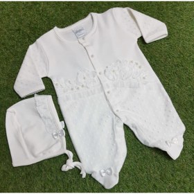 Resim Sönmez Baby Yan Dantel Brode Çiçek Penye Tulum ve Şapka Kız Bebe Takım 