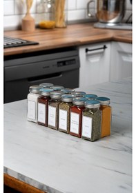 Resim 12'li Şeffaf Kristal Plexi Standlı Cam Baharatlık Seti Kapaklı Beyaz Etiketli Baharatlık Mh03slvr12 Beyaz - Şeffaf 