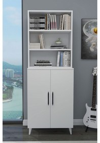 Resim Zuesse Dizayn Alara 2 Kapaklı 6 Raflı Kitaplık Salon Ofis Ders Çalışma Çocuk Odası Çok Amaçlı Dolap - Beyaz 