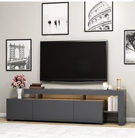 Resim Beliz Modern LED Işıklı 3 Kapaklı, Raflı TV Sehpası – 192 cm, Antrasit 