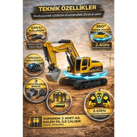Resim Trendzone Uzaktan Kumandalı Şarjlı Işıklı 360° Dönen Metal Kepçeli Ekskavatör | 3 Başlıklı Rc Iş Makinesi 
