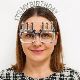 Resim İT39S My Birthday Yazılı Taç ve Mum Şekilli Gözlük Seti Gümüş Renk 
