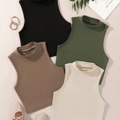 Resim Solid Color Tank Top 4 Paketi, Rahat Mock Boyun Kolsuz Crop Top, Kadın Giyim 