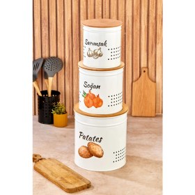 Resim 3 Katlı Ahşap Kapaklı Metal Patates Soğan Kovası - Sebzelik - Patates Soğanlık Sepeti Krem 